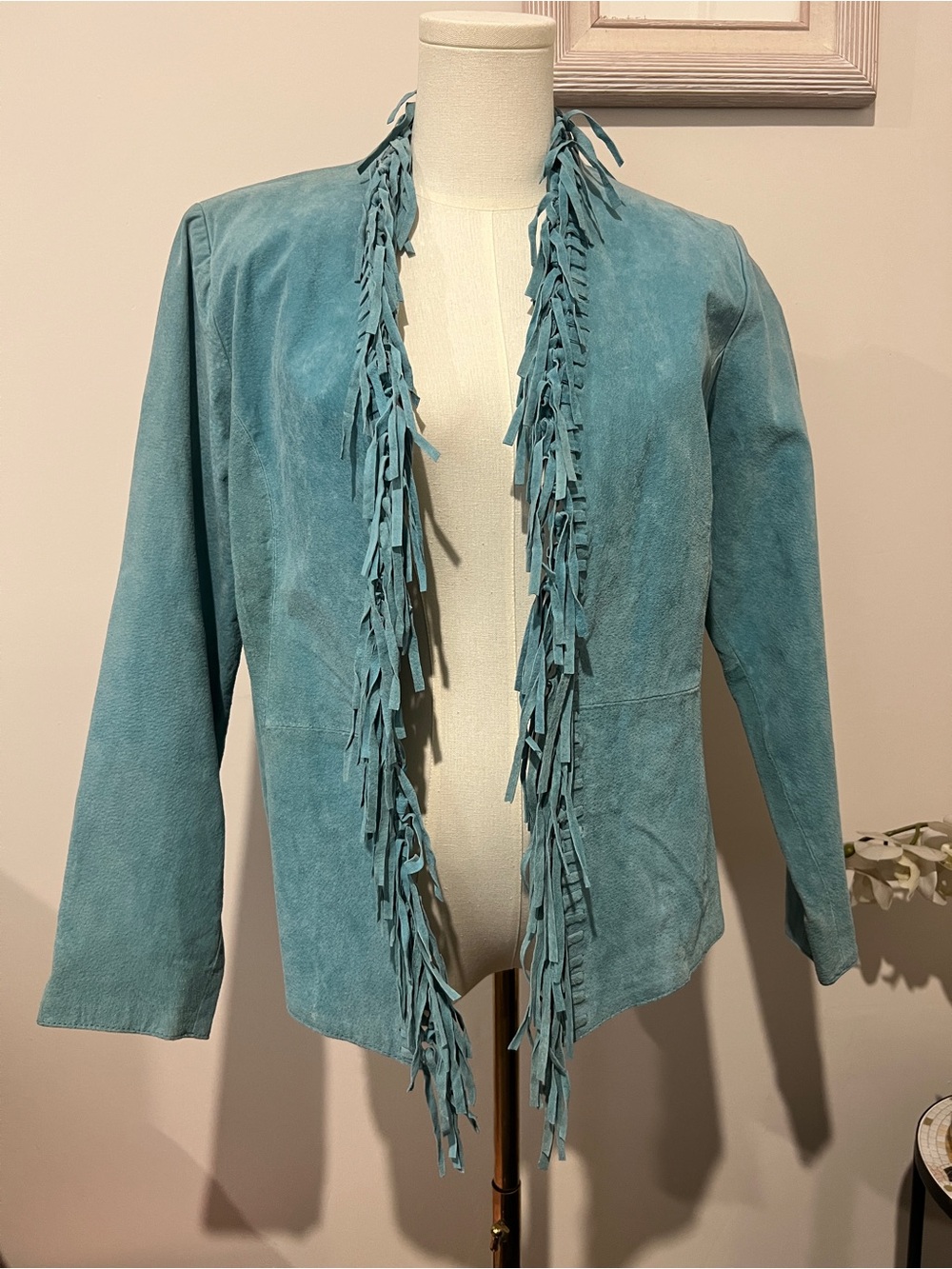 DIALOGUE teal l genuine suede fringe jacket/blazer - Size XS/SM